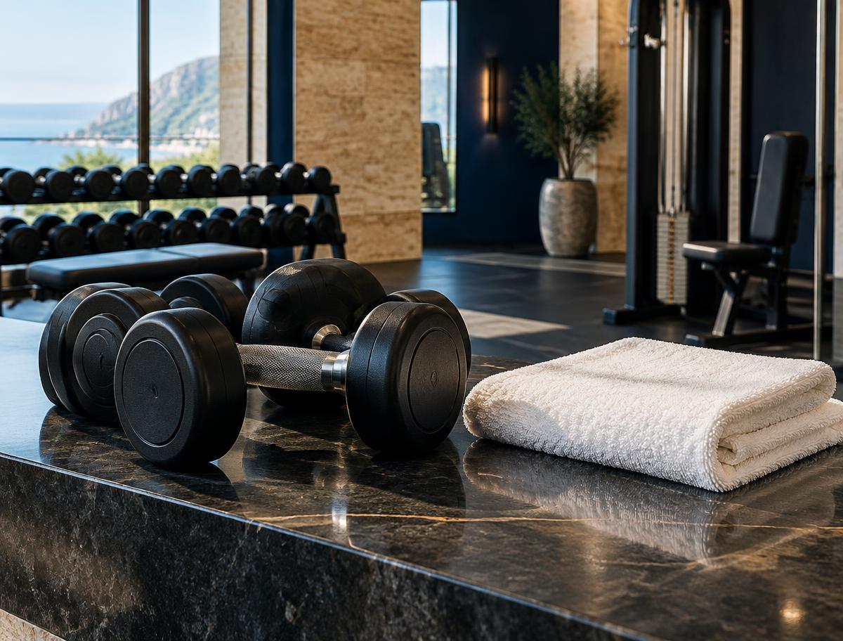 Dumbbells and towels in an elegant gym