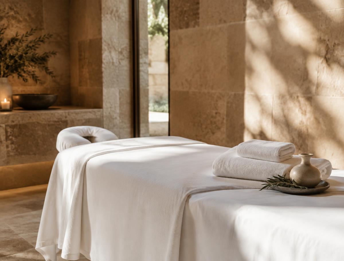 Calm treatment room with massage table